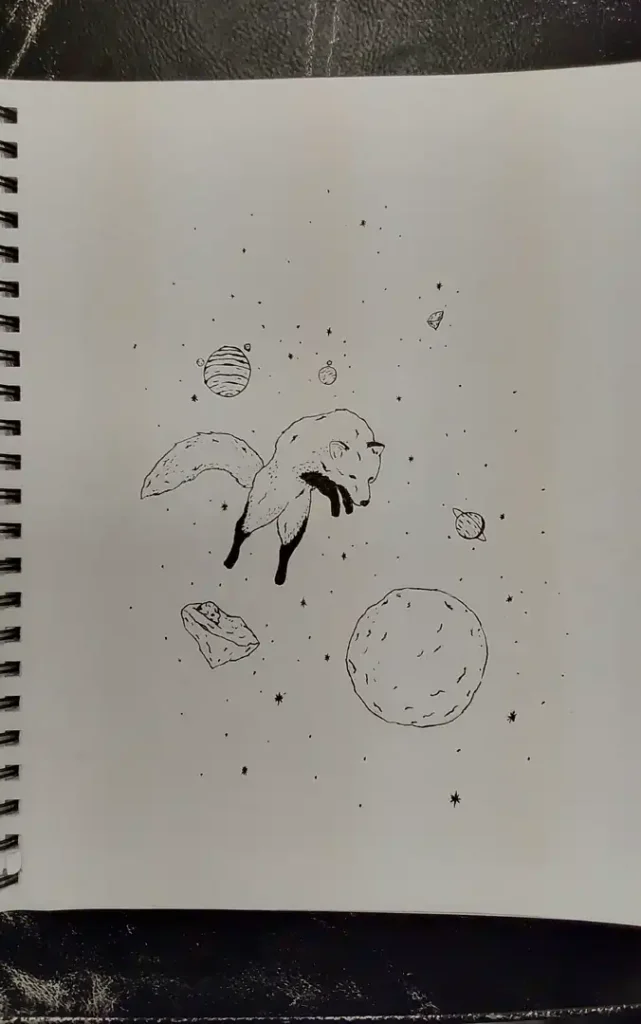 Cosmic Leaping Fox Pen Drawing