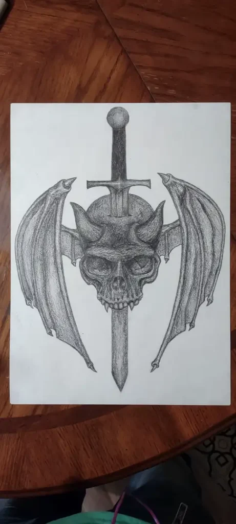 Spooky Winged Skull Tattoo Design With Sword